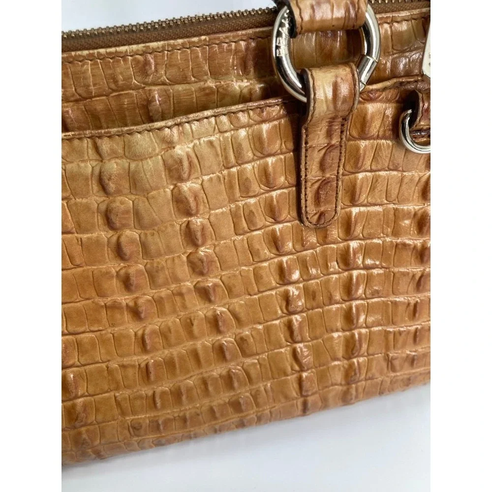 Brahmin Pecan Croc Embossed Leather Satchel Handbag‎ Tan Zip Top Small Tote